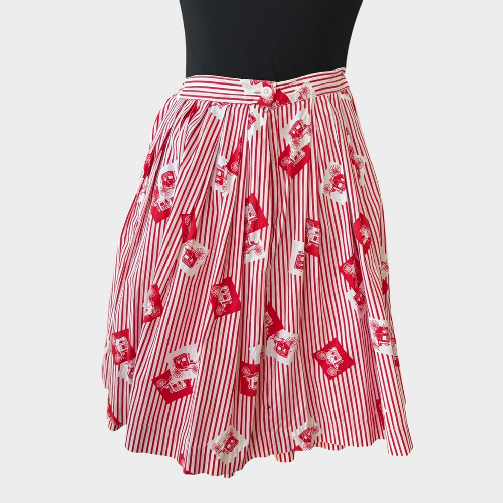 Vintage 1950s Red White Stripe Carriage Print Circle Skirt XXS XS - Picture 3 of 8